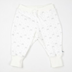 Création originale pour ce pantalon chouettes interlock de coton bio coloris doux spécial naissance.