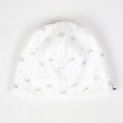 Tissus biologiques pour la fabrication de ce petit bonnet de bébé motif chouettes, façon artisanale française.
