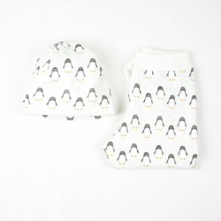 Ensemble bonnet et pantalon motif pingouins, pour bébé fille ou garçon, fabrication france.