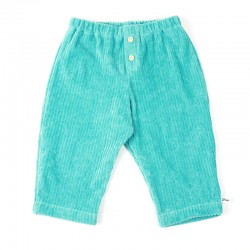 Pantalon bébé garçon coloris bleu vert en velours grosses côtes, très mode.