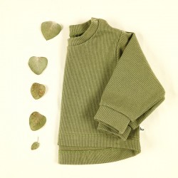 Pull base arrondie en coton organique GOTS vert kaki, pour bébé, création française.