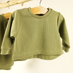 Sweatshirt vert kaki à fines côtes, pour bébé, confort et douceur, certifié GOTS.