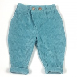 Pantalon bébé garçon ou fille, coloris bleu vert en velours grosses côtes, très mode.