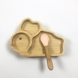 Ensemble bambou naturel pour le repas de bébé design lapin.