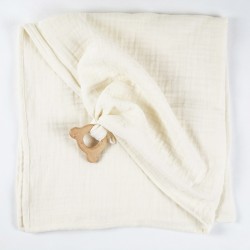 Carré de lange façon doudou en coton biologique avec son ourson en bois, une fabrication française.