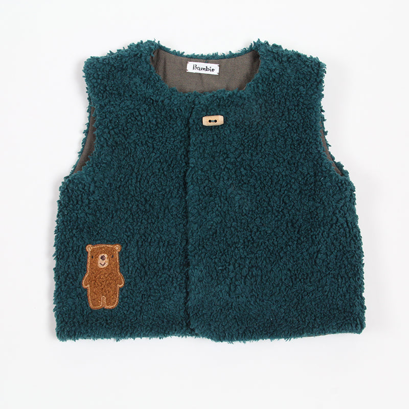Gilet fourrure bébé en coton organique avec petit ourson brodé