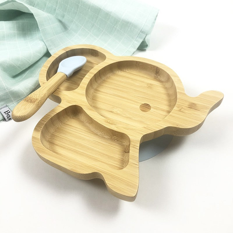 Bambou naturel pour l'assiette en forme d'éléphanteau et la petite cuillère assortie souple bleue 