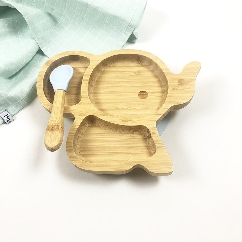 Set de repas pour bébé en bambou naturel : assiette à ventouse en forme d'éléphanteau  petite cuillère assortie
