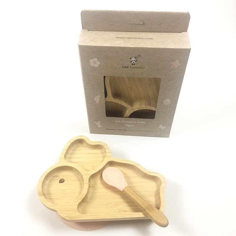 Assiette lapin, et cuillère rose pour bébé, en bambou 